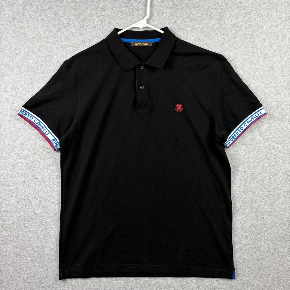 Roberto Cavalli Polo Shirt Mens XXL (Fits Large) Black Cotton Pique Logo Preppy